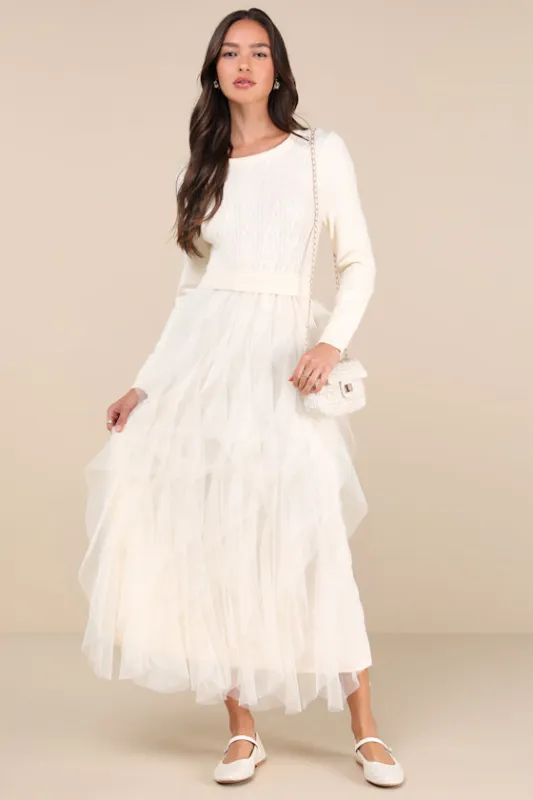 Ultimate Beauty Ivory Cable Knit Ruffled Tulle Maxi Dress sold by Lulus