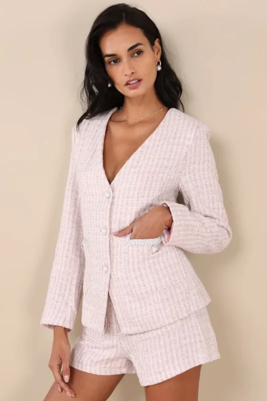 Adept Sophistication Light Pink Tweed Lurex Blazer sold by Lulus