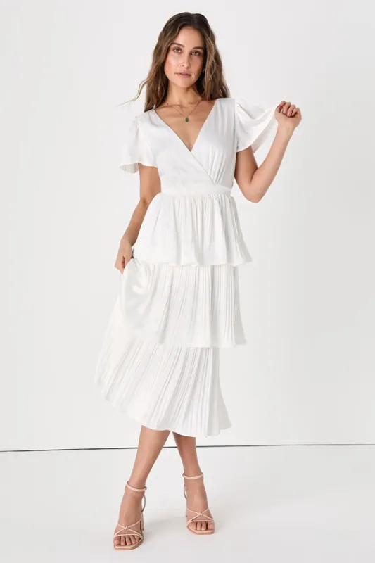 Twirl-wind Romance White Satin Tiered Midi Dress sold by Lulus