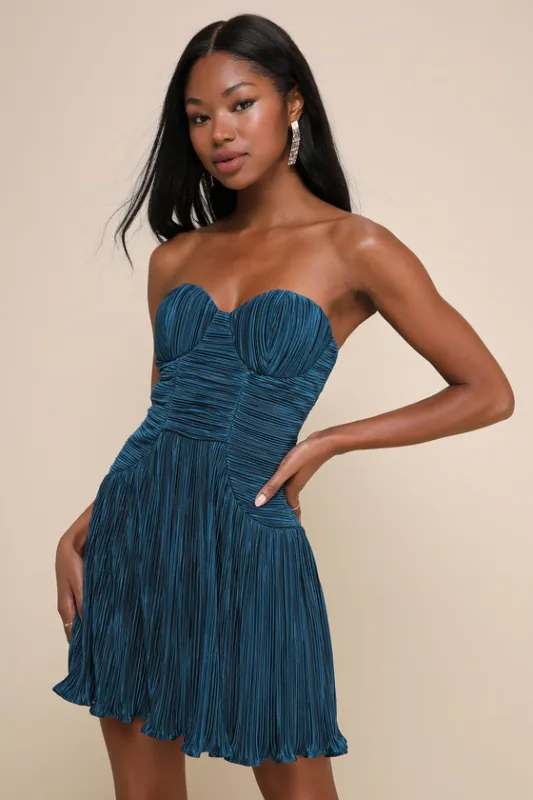 Deeply Glamorous Teal Plisse Strapless Drop Waist Mini Dress sold by Lulus