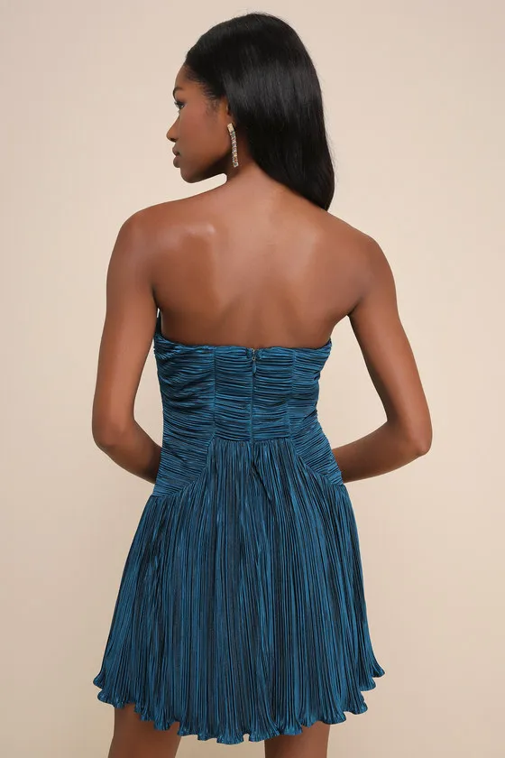 Deeply Glamorous Teal Plisse Strapless Drop Waist Mini Dress sold by Lulus product image thumbnail 3