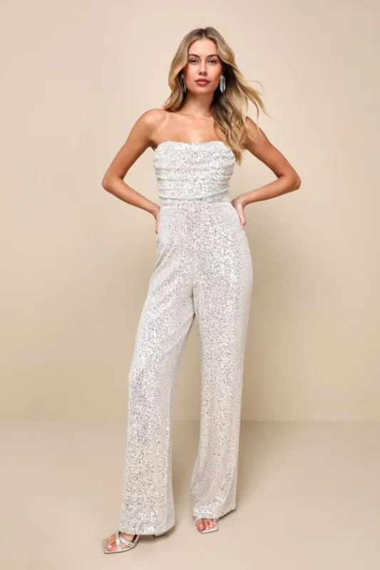 Glorious Vision Silver Sequin Strapless Wide-Leg Jumpsuit sold by Lulus