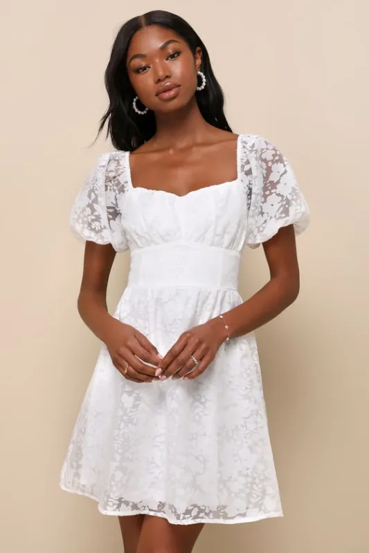 Sweetest Effect White Floral Burnout Puff Sleeve Mini Dress sold by Lulus