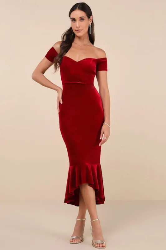 How Much I Care Wine Red Velvet Off-the-Shoulder Midi Dress made by Lulus