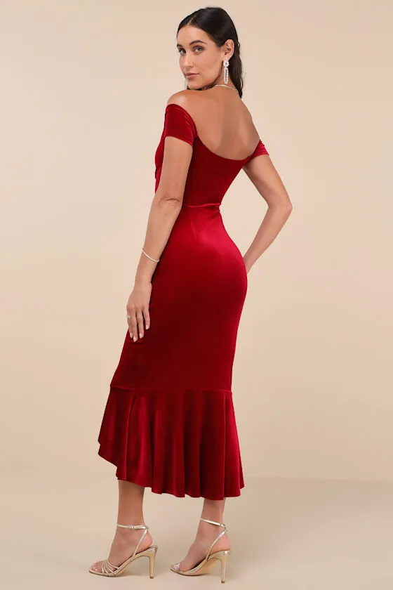 How Much I Care Wine Red Velvet Off-the-Shoulder Midi Dress sold by Lulus product image thumbnail 3