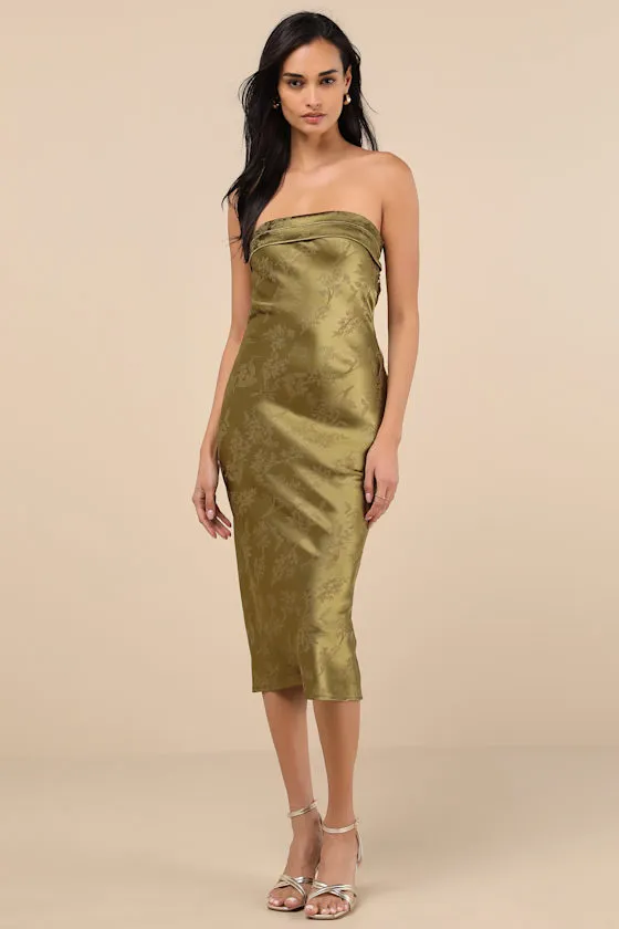 Impressive Favorite Olive Jacquard Strapless Midi Dress sold by Lulus