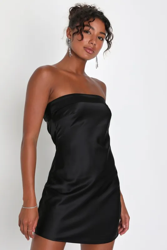 Exquisite Approach Black Satin Strapless Cowl Back Mini Dress sold by Lulus