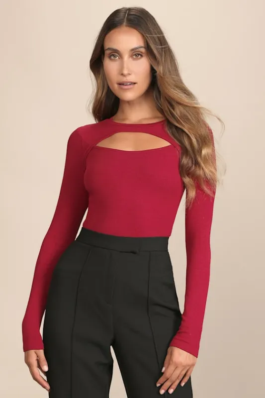 Flirty Little Secret Wine Red Ribbed Cutout Long Sleeve Top sold by Lulus