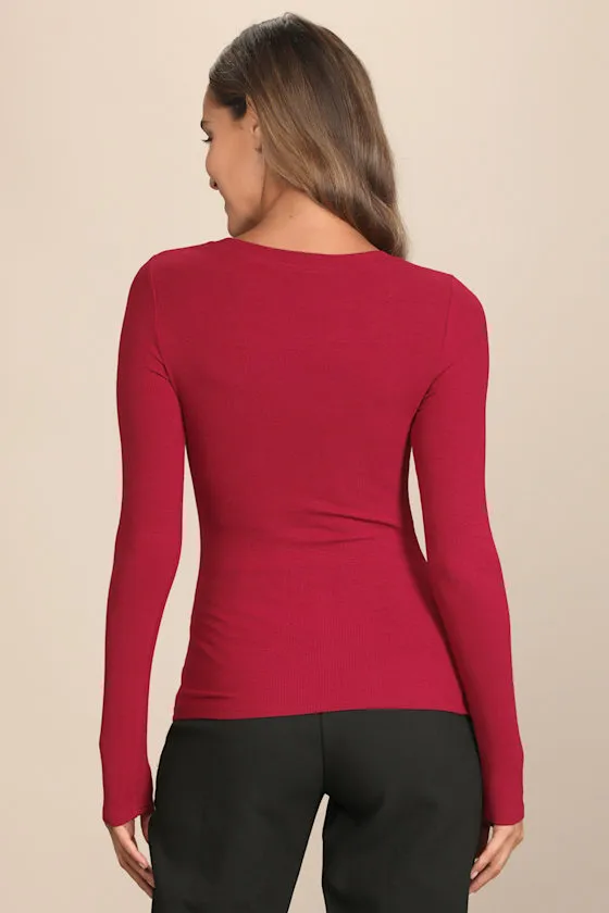 Flirty Little Secret Wine Red Ribbed Cutout Long Sleeve Top sold by Lulus product image thumbnail 2