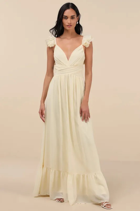 Soiree Celebration Light Yellow Ruffled Lace-Up Maxi Dress sold by Lulus