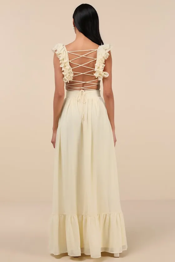 Soiree Celebration Light Yellow Ruffled Lace-Up Maxi Dress sold by Lulus product image thumbnail 2