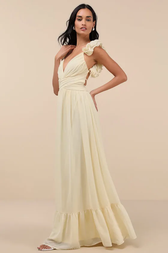 Soiree Celebration Light Yellow Ruffled Lace-Up Maxi Dress sold by Lulus product image thumbnail 3