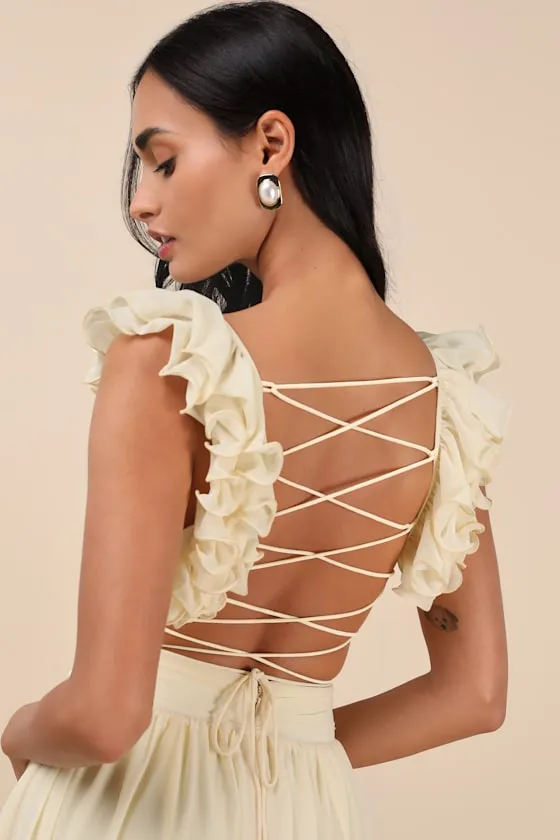 Soiree Celebration Light Yellow Ruffled Lace-Up Maxi Dress sold by Lulus product image thumbnail 4