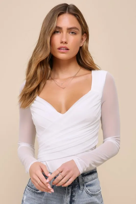 Sheer Confidence White Mesh Ruched Long Sleeve Bodysuit sold by Lulus