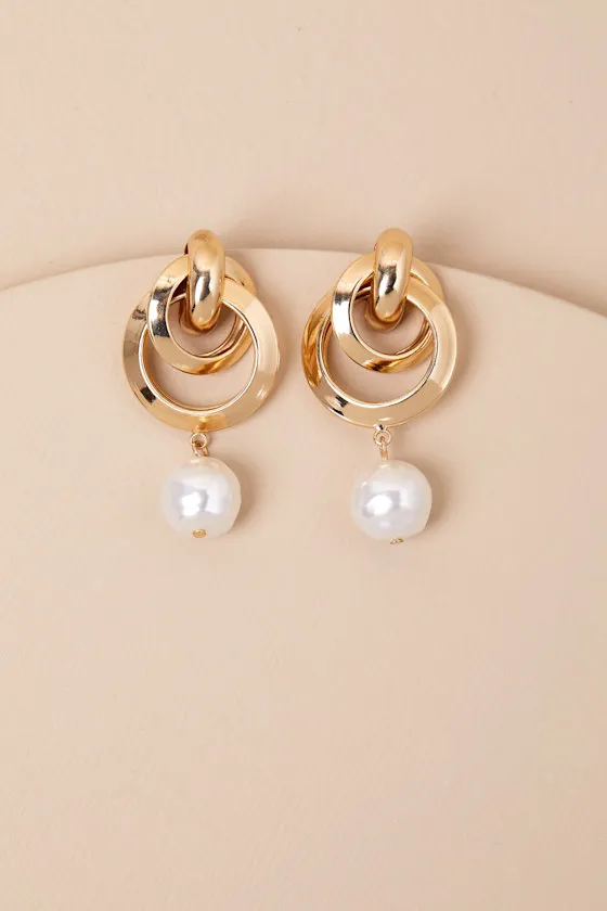 Gleaming Sensation Gold Pearl Doorknocker Earrings sold by Lulus product image thumbnail 2