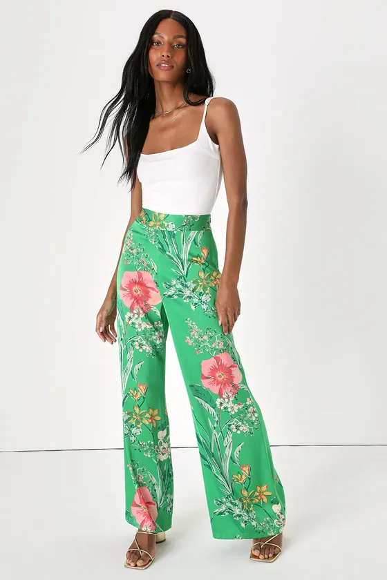 Thriving Vibes Bright Green Floral Print Satin Wide-Leg Pants sold by Lulus
