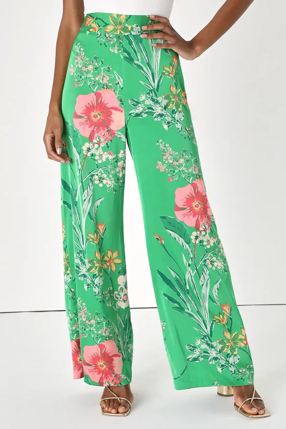 Thriving Vibes Bright Green Floral Print Satin Wide-Leg Pants sold by Lulus product image thumbnail 2