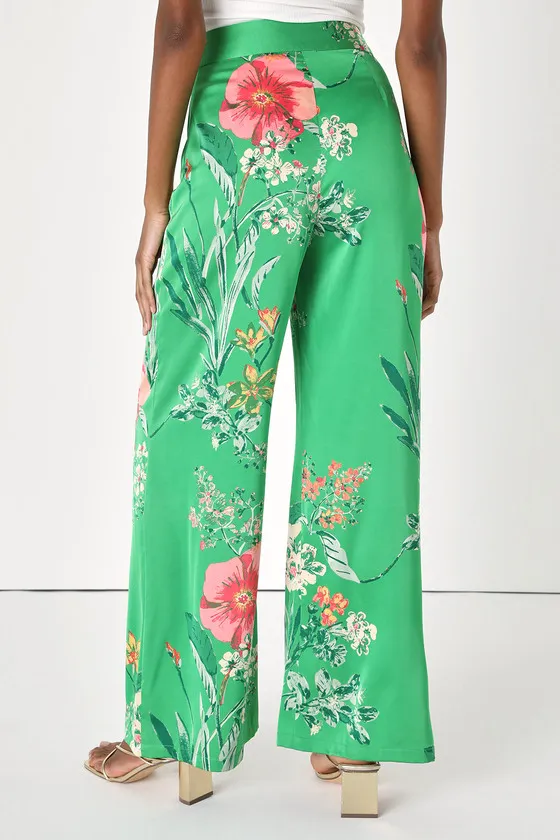 Thriving Vibes Bright Green Floral Print Satin Wide-Leg Pants sold by Lulus product image thumbnail 3