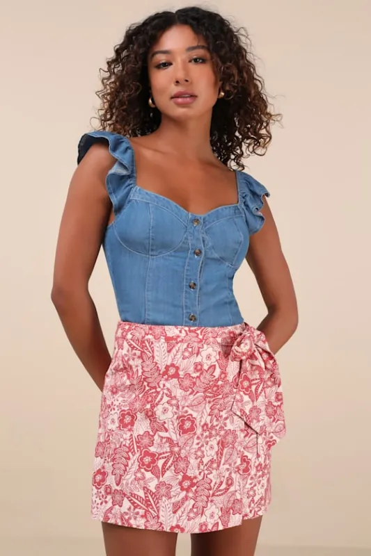 Kieu Red Floral Print Faux-Wrap Mini Skirt sold by Lulus