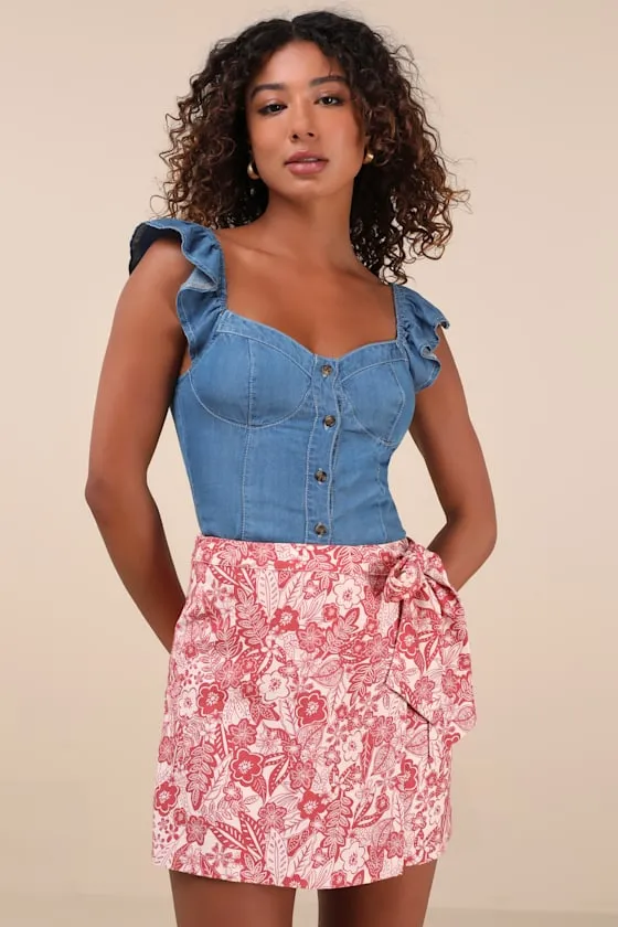 Kieu Red Floral Print Faux-Wrap Mini Skirt sold by Lulus