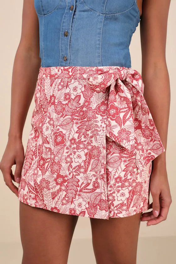 Kieu Red Floral Print Faux-Wrap Mini Skirt sold by Lulus product image thumbnail 3