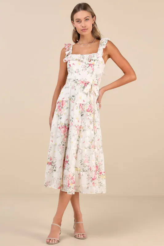 Shela Ivory Floral Jacquard Tiered Midi Dress sold by Lulus