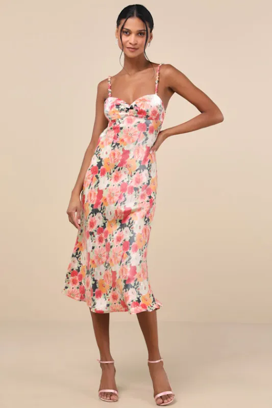 Sensational Spirit Black Multi Floral Satin Tie-Back Midi Dress sold by Lulus