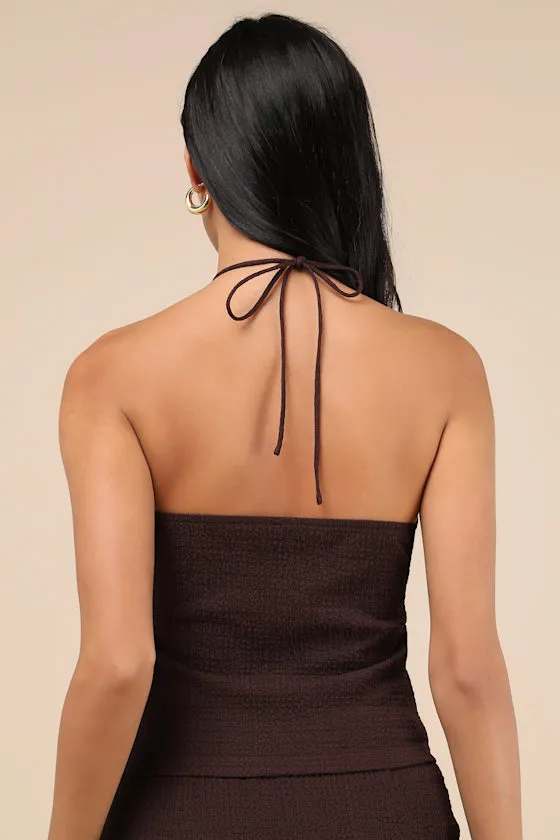 Fania Dark Brown Textured Knit Beaded Cutout Halter Crop Top sold by Lulus product image thumbnail 2