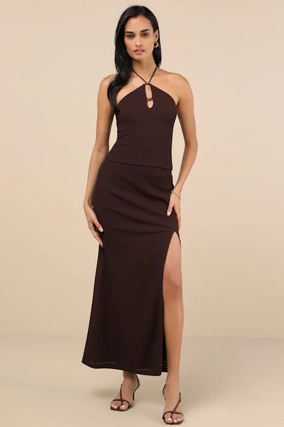 Fania Dark Brown Textured Knit Beaded Cutout Halter Crop Top sold by Lulus product image thumbnail 3