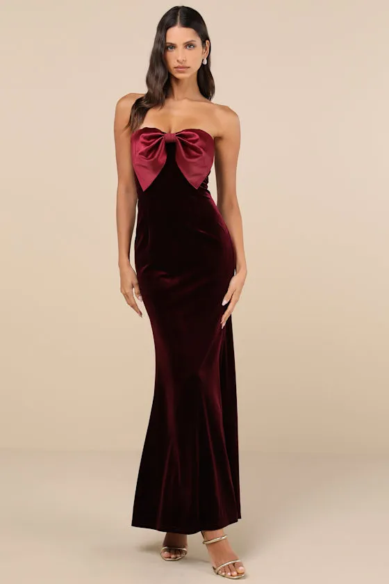 Dramatic Stunner Burgundy Velvet Bow Strapless Maxi Dress sold by Lulus