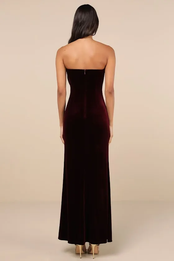 Dramatic Stunner Burgundy Velvet Bow Strapless Maxi Dress sold by Lulus product image thumbnail 2