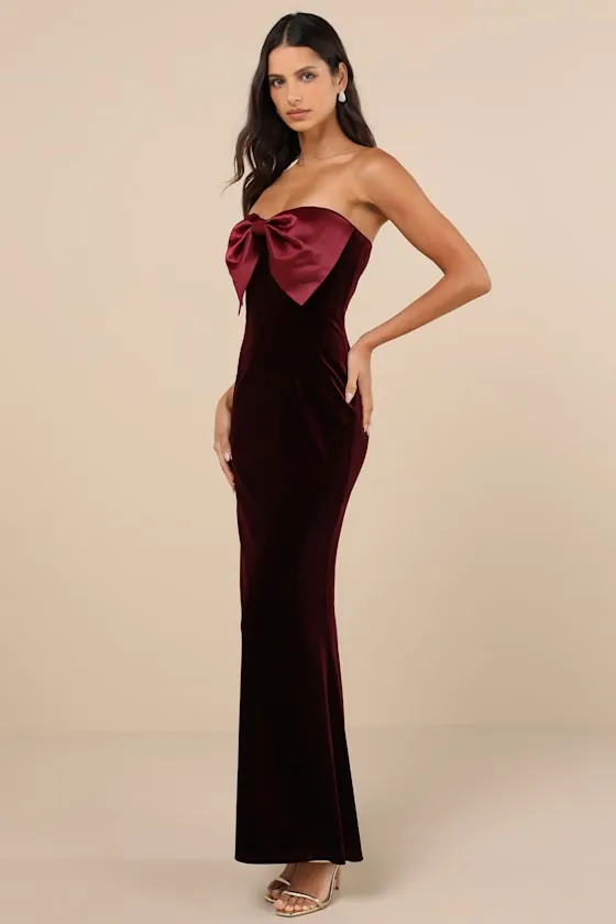 Dramatic Stunner Burgundy Velvet Bow Strapless Maxi Dress sold by Lulus product image thumbnail 4