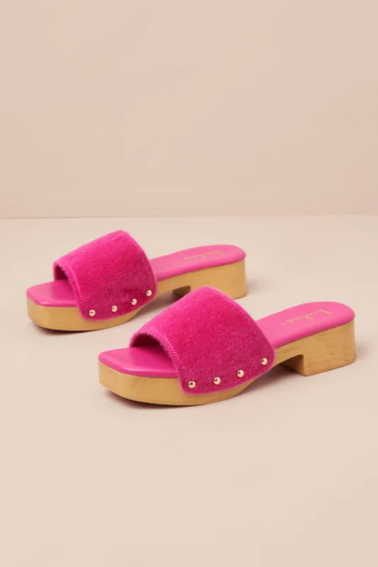 Paley Fuchsia Faux Fur Platform Slide Sandals sold by Lulus