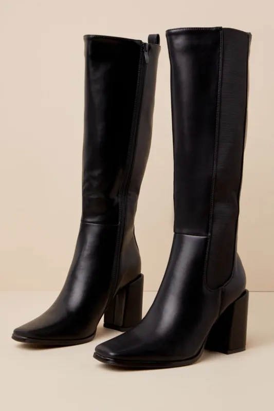 Thia Black Square Toe Knee-High Boots sold by Lulus