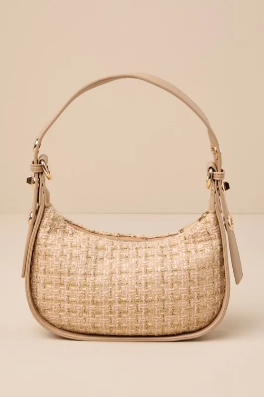 Distinctly Poised Beige Tweed Lurex Shoulder Bag sold by Lulus