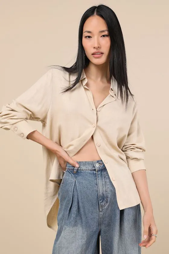 Notable Aesthetic Beige Linen Collared Button-Up Top sold by Lulus