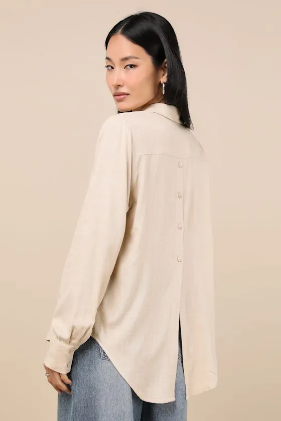 Notable Aesthetic Beige Linen Collared Button-Up Top sold by Lulus product image thumbnail 2
