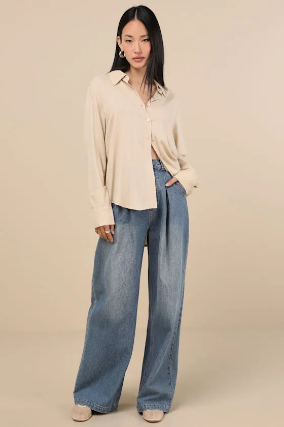 Notable Aesthetic Beige Linen Collared Button-Up Top sold by Lulus product image thumbnail 3