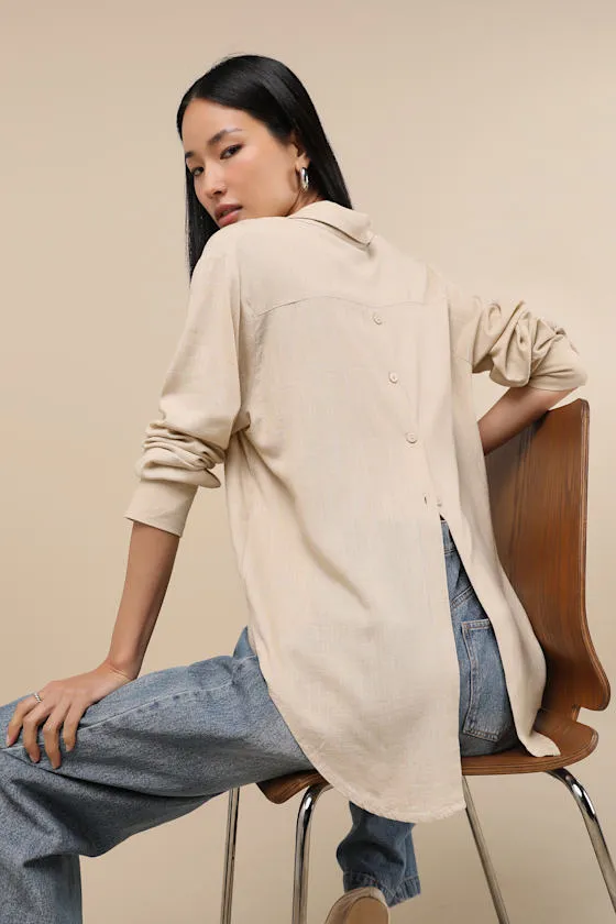 Notable Aesthetic Beige Linen Collared Button-Up Top sold by Lulus product image thumbnail 4