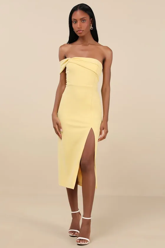 Twist and Make Up Light Yellow One-Shoulder Bodycon Midi Dress sold by Lulus