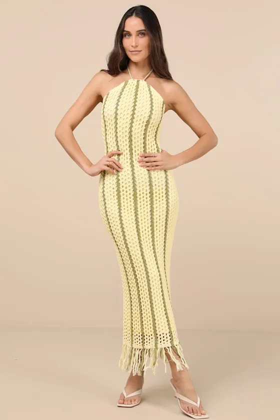Hedia Yellow Striped Crochet Halter Fringe Midi Dress sold by Lulus