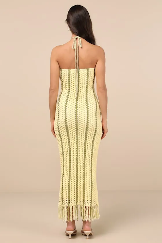 Hedia Yellow Striped Crochet Halter Fringe Midi Dress sold by Lulus product image thumbnail 3
