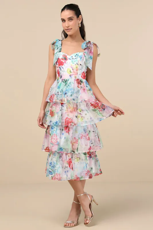 Vivid Sensation White Multi Floral Tie-Strap Midi Dress made by Lulus