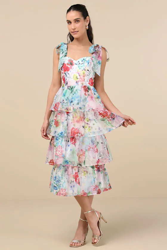 Vivid Sensation White Multi Floral Tie-Strap Midi Dress sold by Lulus
