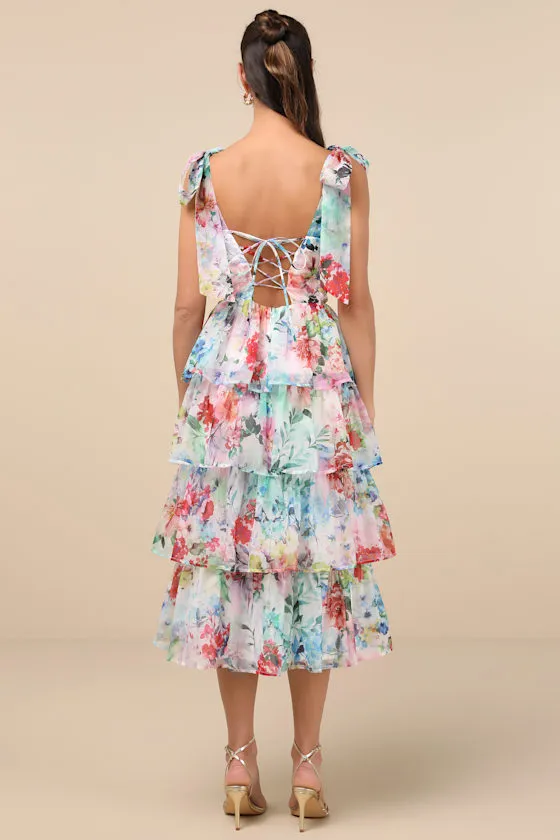 Vivid Sensation White Multi Floral Tie-Strap Midi Dress sold by Lulus product image thumbnail 3
