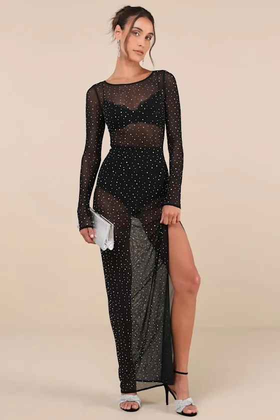 Daring Sparkle Black Sheer Mesh Rhinestone Maxi Dress sold by Lulus