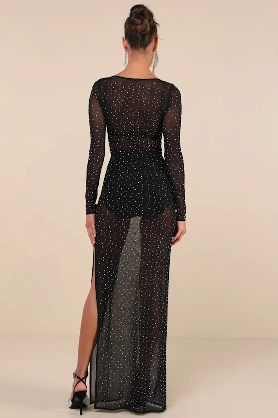 Daring Sparkle Black Sheer Mesh Rhinestone Maxi Dress sold by Lulus product image thumbnail 2