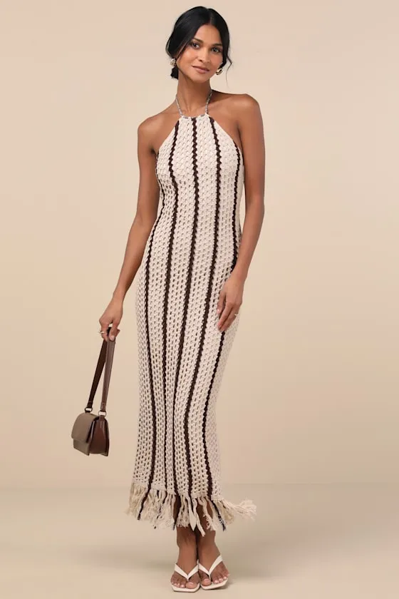 Hedia Beige Striped Crochet Halter Fringe Midi Dress sold by Lulus