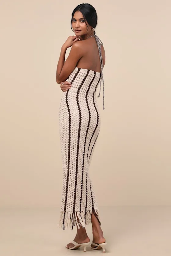Hedia Beige Striped Crochet Halter Fringe Midi Dress sold by Lulus product image thumbnail 2
