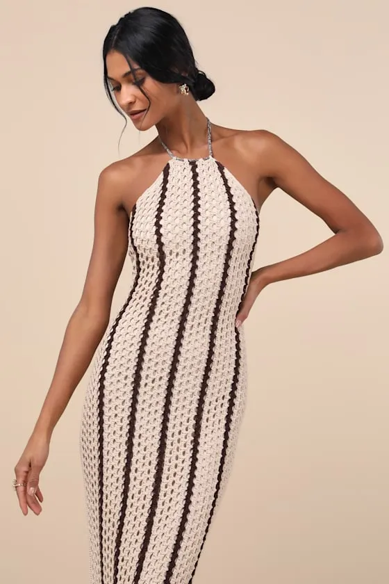 Hedia Beige Striped Crochet Halter Fringe Midi Dress sold by Lulus product image thumbnail 3